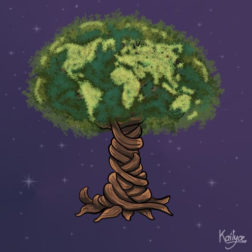 Dessin d'un arbre monde dont les racines entrelacées forment le tronc. Les feuilles dessinent les continents et les océans de la Terre comme sur un planisphère. Avec en fond l'espace étoilé