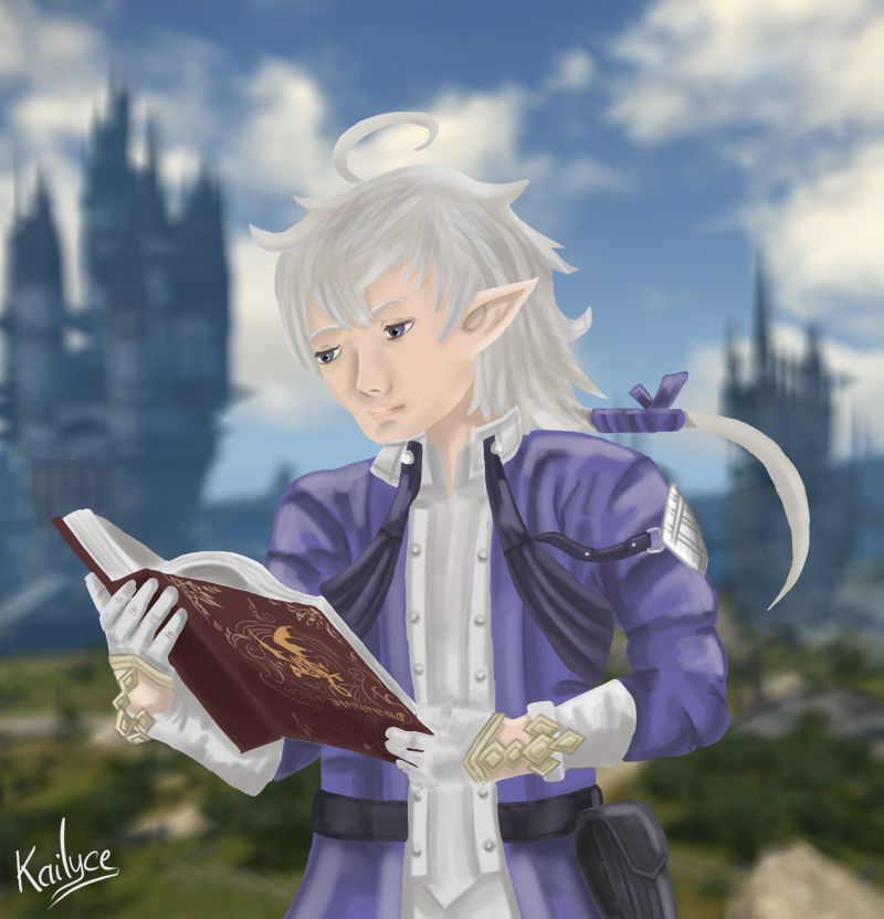 Alphinaud Leveilleur, personnage non joueur de Final Fantasy XIV, en train de lire un livre