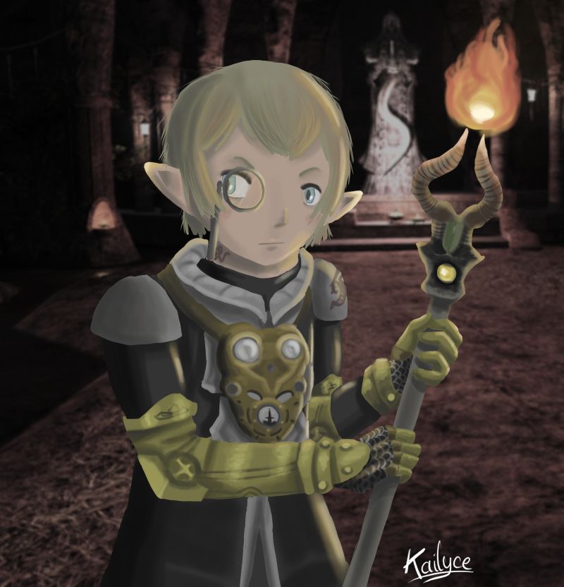 Dessin numérique de Papalymo, PNJ de Final Fantasy XIV, éclairé par une flamme émanant de son sceptre, dans une crypte dédiée au dieu Thal