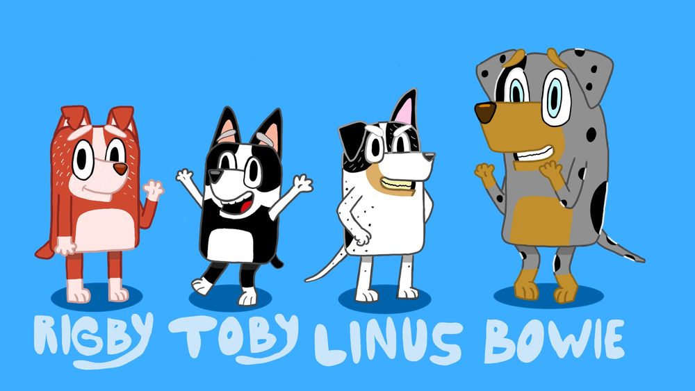 A Red Boston Terrier, a Pure Boston Terrier, a Rat/Jack Russell Terrier mix and a Catahoula Leopard Dog in the style of the animated series Bluey.