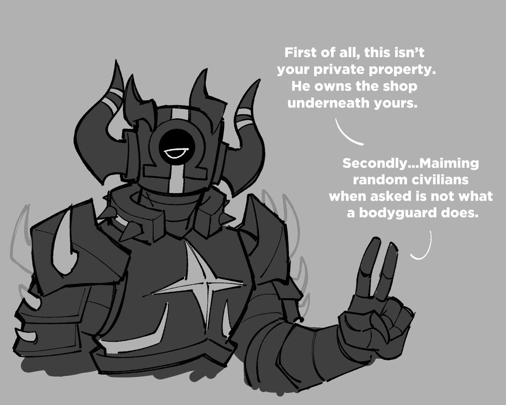 Carnage: "First of all, this isn't your private property. He owns the shop underneath yours. Secondly...Maiming random civilians when asked is not what a bodyguard does."
