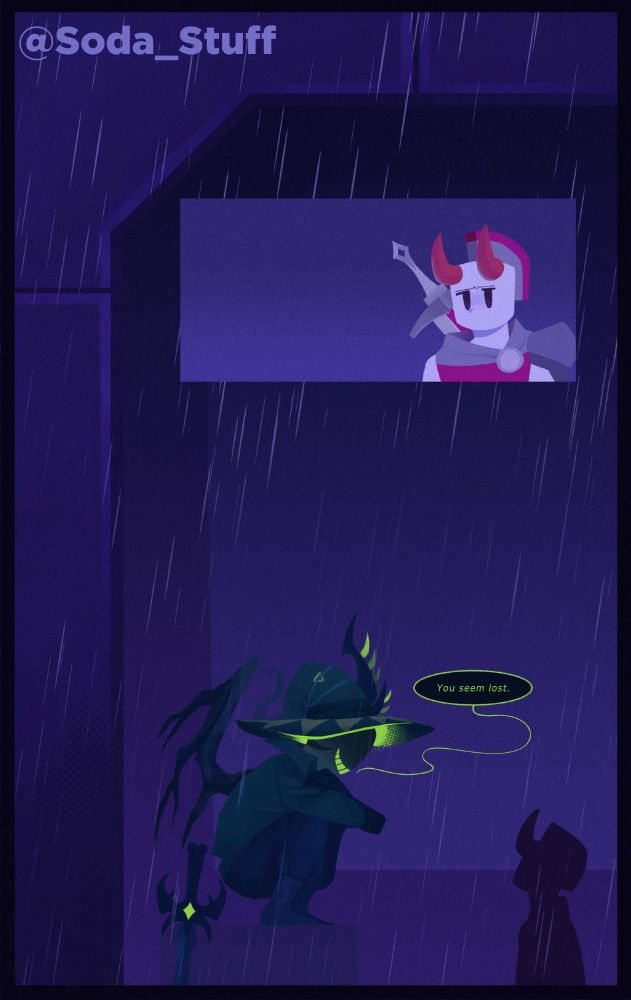 It's raining in Crossroads, Sword (the PHIGHTING character) encounters a lone Darkheart (the PHIGHTING character) at an underpass protecting them both from the weather.

Darkheart: "You seem lost."