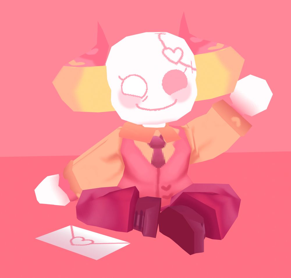 Another Lowpoly flat 3D render of Sodakettle's Sona, The Lover. This time she is sitting on the floor with one arm in the air waving to the viewer as the other rests on the ground. 