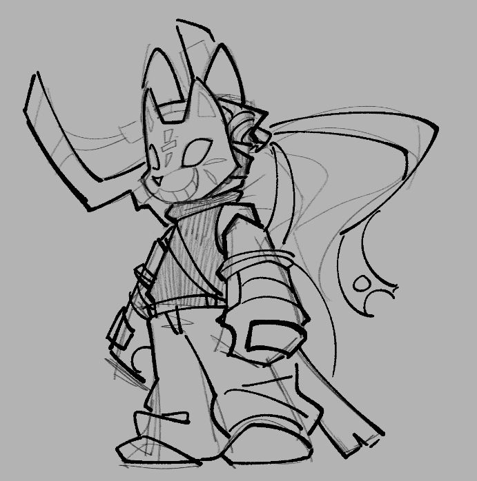 It's a sketch of a younger slingshot. 

He wears a cat-like smiling mask around his head along with a long flowing bandanna that is waving in the wind. He is wearing a dark, sleeveless top along with baggy pants and arm gauntlets to match his gear. The slingshot hangs from his back on a sling he has around his shoulder. 