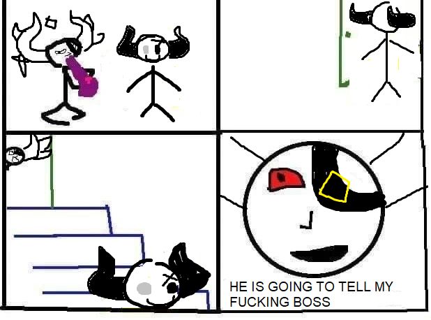 a 4-panel comic of Medkit (the PHIGHTING character) and Broker (the PHIGHTING character). In the first panel broker is watching medkit huffing a bong, in the second panel Broker is now exiting the room through a door. In the third panel, Broker is walking down a flight of stairs with a smile as Medkit watches in sheer terror. in the last panel, Medkit with a bloodshot eye is now screaming "HE IS GOING TO TELL MY FUCKING BOSS"
