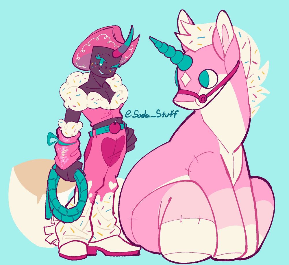 Uni (Phighting NPC) in a cowbow outfit styled and designed in the image of a cupcake, standing next to her gear, a giant fluffy plush unicorn 