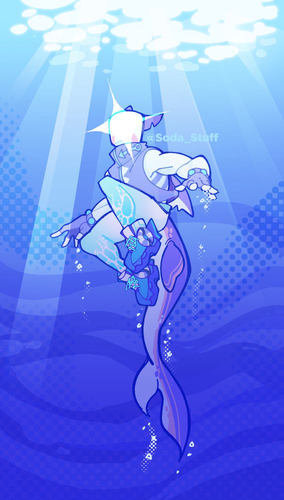 An illustration of nobody important. She is swimming up towards the light whilst wearing a sleeveless high-collar lavender top, skin-tight pants with water ripple patterns, and chunky aquatic-themed boots that have small lifesavers tied to the sides of them. Her purple and pink shark tail drags behind her as she hesitates before breaking the surface of the water. 