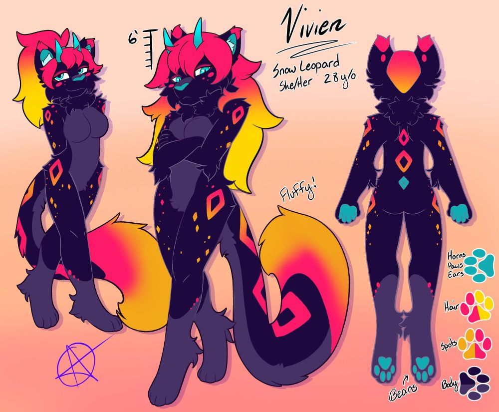 Reference sheet for a snow leopard named Vivien (6 foot, 28 years old). She has black fur, grey sock and stomach coloring with cyan and hot pink highlights that fade into yellow.