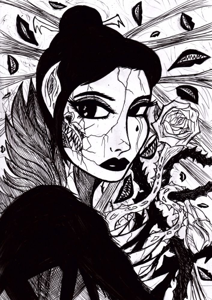 A demonic figure with a porcelain mask her rose tentacles writhe and her mask cracks, revealing the despairing, insatiable hunger beneath