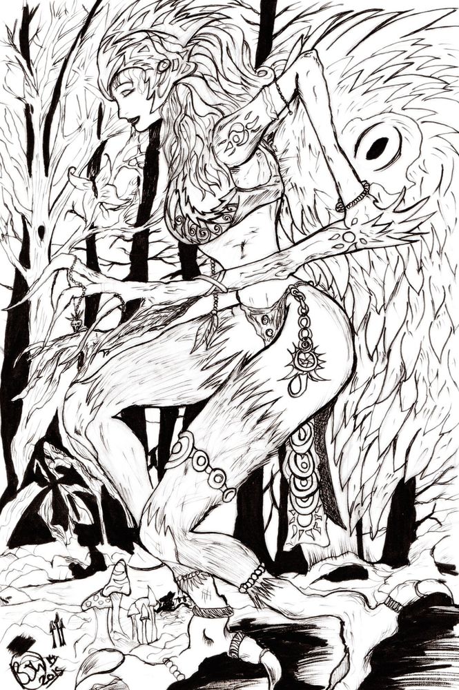 A black and white  gentle looking Monster woman in a forest