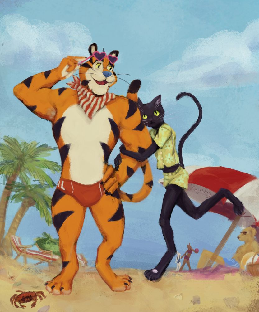 A digital painting of Tony the Tiger and Jitterbug (an anthro black cat) on a beach. Tony is wearing pink heart shaped sunglasses and a striped scarf. Jitterbug is wearing a floral yellow set and is wrapping his arms around Tony. There are anthro characters in the background relaxing at the beach.