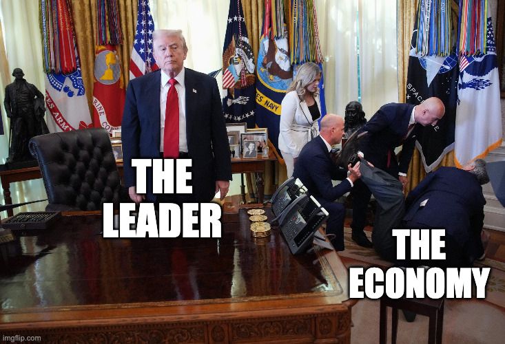 meme of Andrew Harnik photo of several people helping someone in the Oval Office while Trump deliberately ignores them