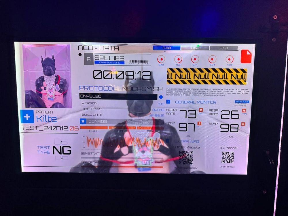 A good puppy bound and blindfolded in the HuffBox with information overlayed on a window