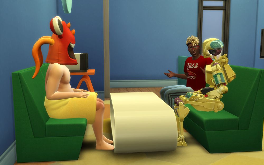 Goldie hangs out with Cameron and Larry, in the living room in Briny Tower, Foxbury Campus. Though it's more a case of Goldie hanging out with Cameron. Larry just happened to be there.