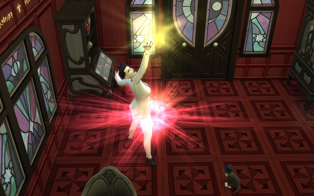 In Original Ahriman's house. Ahriman Transportalates in a red light. She's wearing a white suit and black Oxford heels. The cat Mayor Whiskers sits next to her and looks at her.