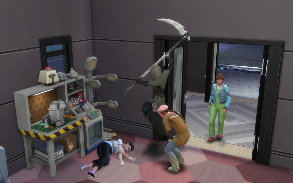 Long-braid continues to cry. Grim reaps Townette's sould. Green Overalls enters the scene.