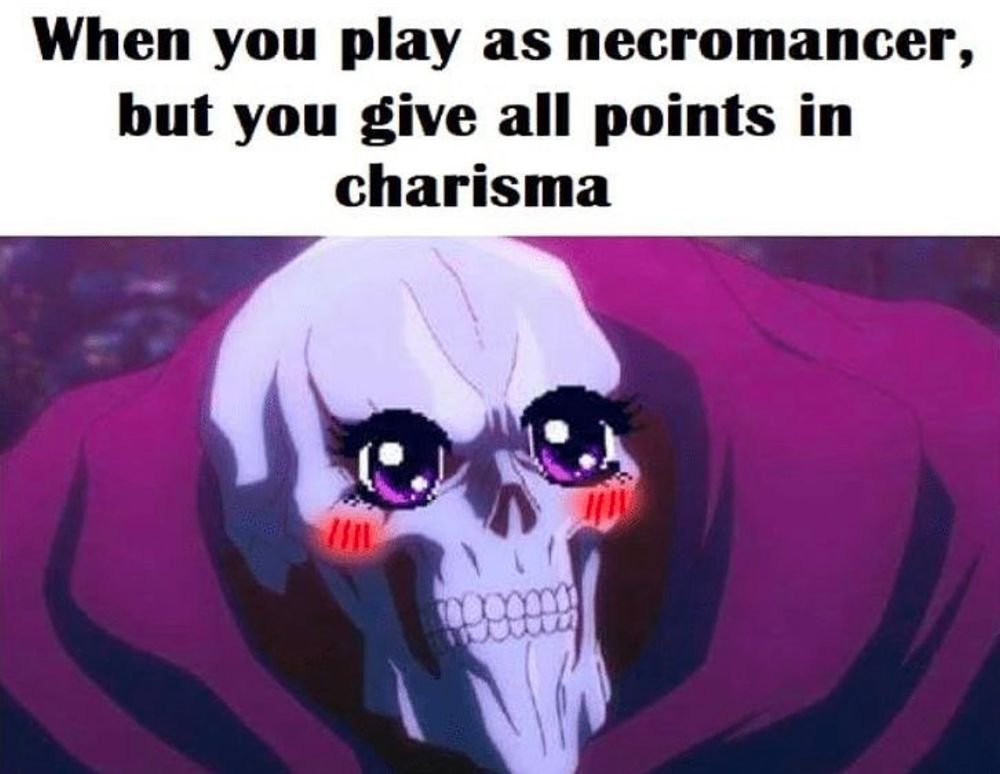 Image description:
Skeleton face with uwu anime girl eyes 
Text reads: When you play as necromancer, but you give all points to charisma