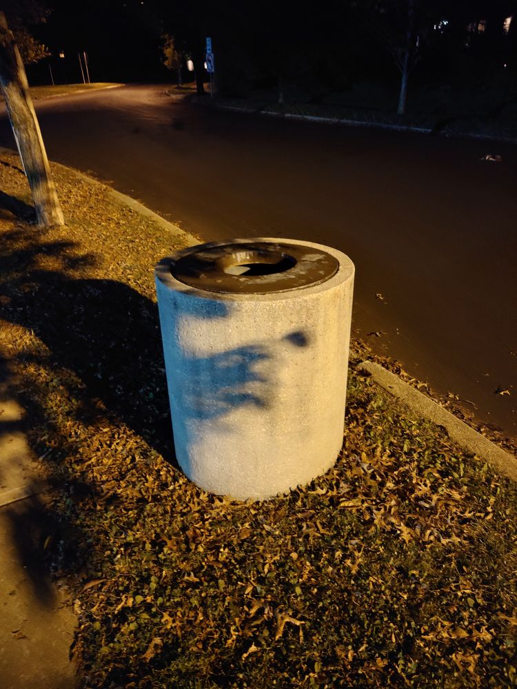 Shadow cast on a white concrete trash can at night making it look like a polar bear