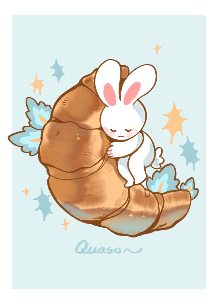 Bunny hugging croissant with croissant badly spelled as quaso