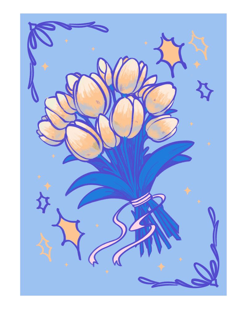 An illustration of a bundle of yellow tulips with blue leaves and stalks tied together with a pink ribbon. Around is sparkles and lights in yellow with a few larger outlined in blue. The main color of the illustration is blue and yellow, the blues being almost a periwinkle and the others being stronger more marine blue.