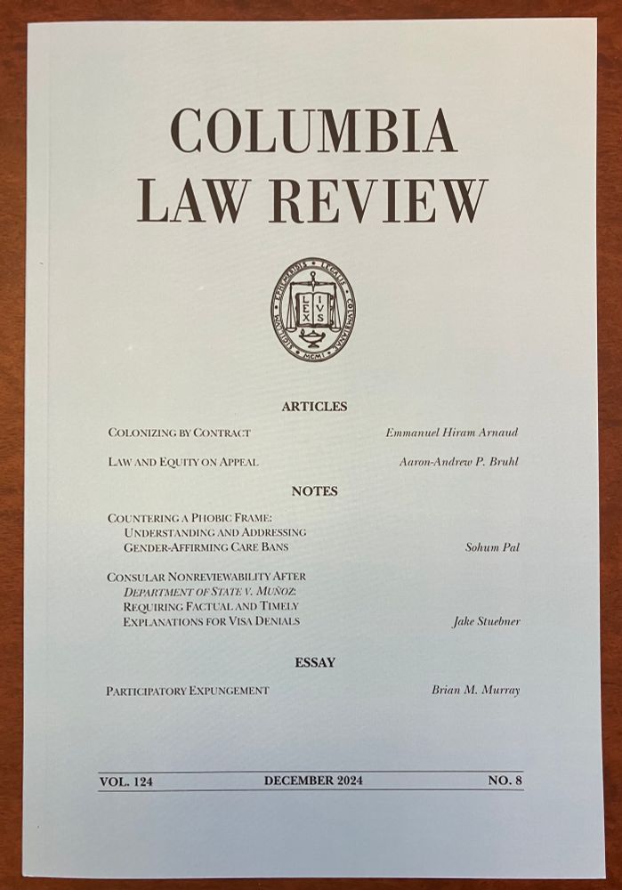 Cover of Columbia Law Review, which includes Bruhl’s Law and Equity on Appeal. 