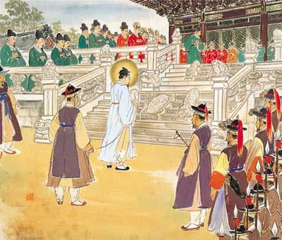 Depiction of Jesus's trial before Pilate in the style of ancient Korea.