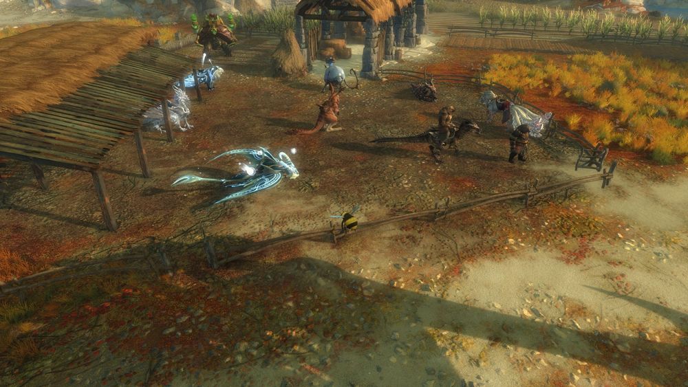 A Guild Wars 2 screenshot with all the current mounts. The Janthir bee is my character in a flying mode whilst customising the homestead. For some reason a Lowland kodan is riding my raptor.