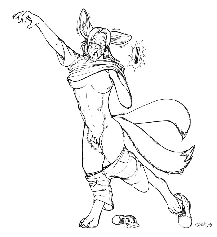A shocked male human undressing while changing into a female fennec fox anthro caused by the summer heat.