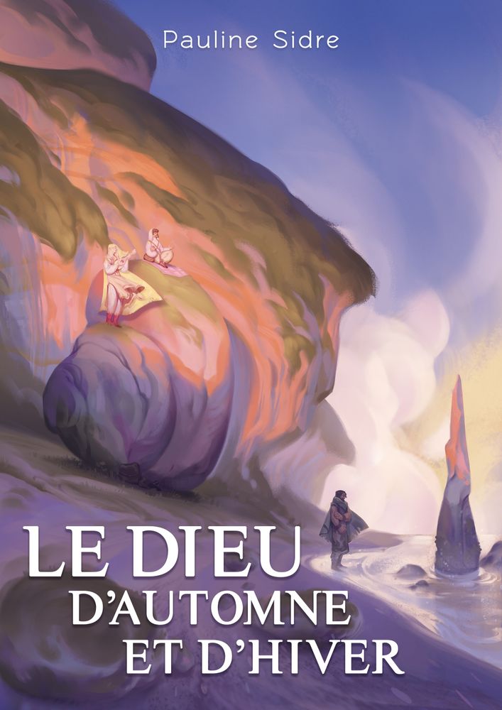 Sur un pont de ciel bleu un peu nuageux, une falaise baignée dans le soleil. 2 personnages se tiennent sur la falaise l'un assis en tailleur et l'autre debout et tenant un instrument. En contrebas une plage dans le début d'obscurité du coucher de soleil, se tient un homme les pieds dans l'eau face à un pic dans la mer.