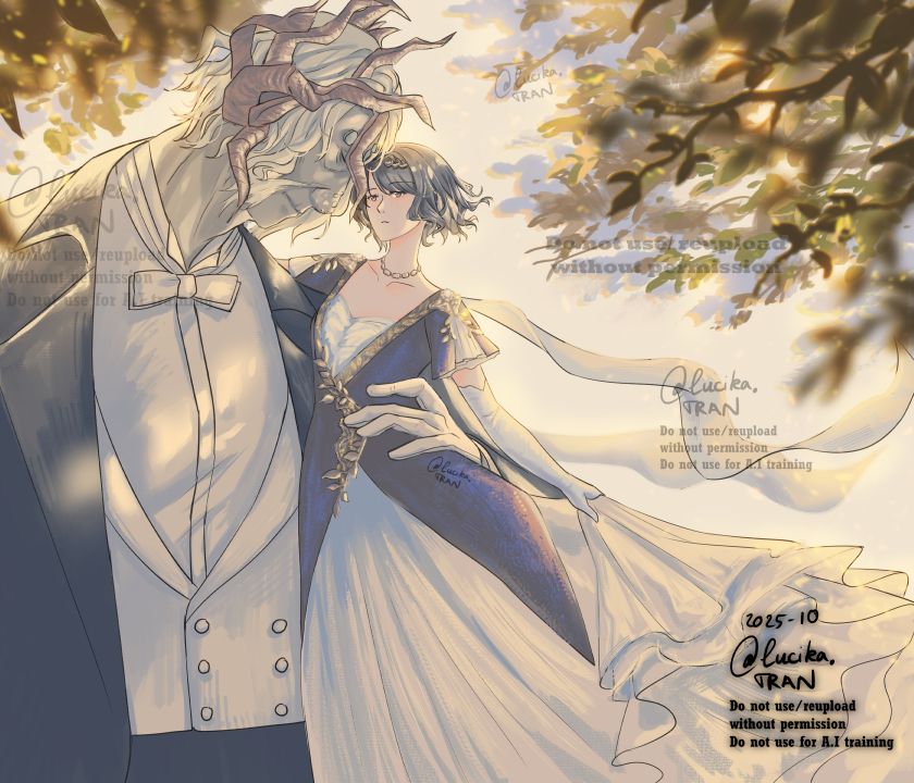 My drawing of my Tarnished/Elden Ring oc Reed and Morgott (Elden Ring) wearing 1900s ball-event clothing. Morgott's left hand is holding Reed on her waist, while her right hand is behind his back and left hand is holding her dress. Reed is wearing a white gown with a blue bodice, the bodice has some jewelries and golden leaves embroidery. Morgott is wearing a formal evening suit, black tail coat, white shirt, white waistcoat and white bow. 