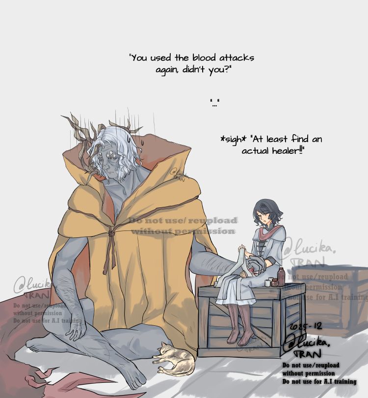 My doodling comic, an illustration of my Tarnished/Elden Ring oc Reed and Morgott (Elden Ring). Reed is wrapping bandages around Morgott's left hand. He is sitting on the ground, a small cat is laying next to him, while Reed is sitting on a wooden box, some rolls of bandages and medicine bottles are right next to her. 
A dialogue is happening:
"You used the blood attacks again, didn't you?" asked Reed
"..." Morgott didn't answer
"*sigh* at least find an actual healer!!" said Reed