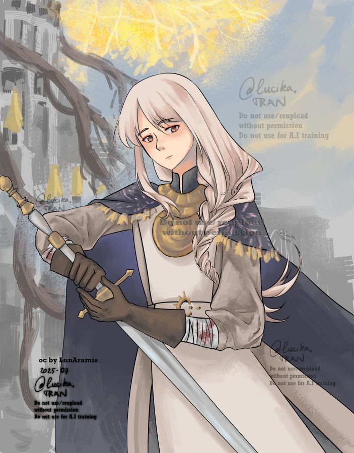 My art of Elen, oc by LunAramis (lunaramis on bsky). A young man with a long, light-colored, braided hair, the braid rests on his shoulder. He is wearing a dark cape, a golden ornament on his neck, and bandages wrapped around his forearm. His hands are wearing gloves and holding a long sword. Behind him is the view of Leyndell (Elden Ring)
