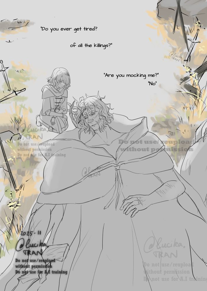 My doodling comic, an illustration of my Tarnished/Elden Ring oc Reed and Morgott/Margit (Elden Ring). Morgott is laying on the ground tiredly after fighting. Reed is crouching down near him and asked curiously " Do you ever get tired? Of all the killings?" Morgott asked her "Are you mocking me" and Reed replied "No."