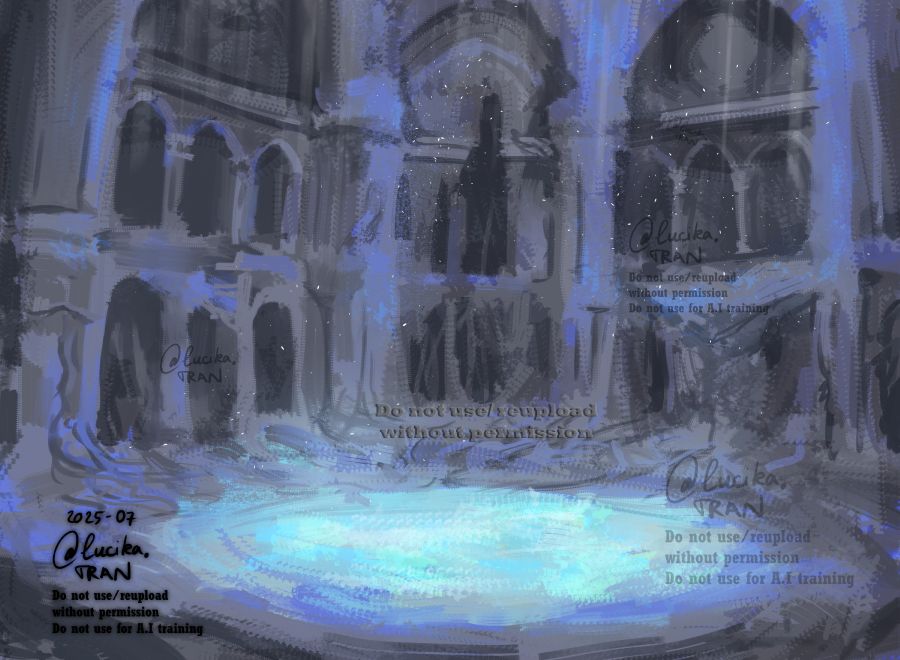 My painting of the resting area in day 3 from Elden Ring Nightreign. It is a ruin, there are tree branches wrap around the pillars and tree roots overgrow on the ground . A shallow pool of water is in the center. Some light are shining from above