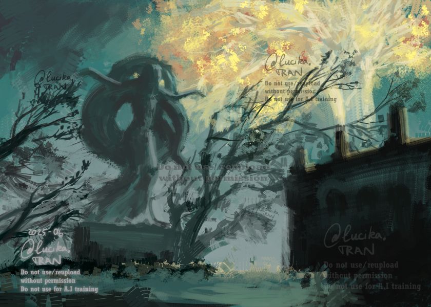 My painting practice of Chapel of Anticipation, a location in Elden Ring. In the background, on the right is the glowing Erdtree with golden branches and leaves. On the left is a big statue of Marika, with some trees around it. A dark building structure on the right. 