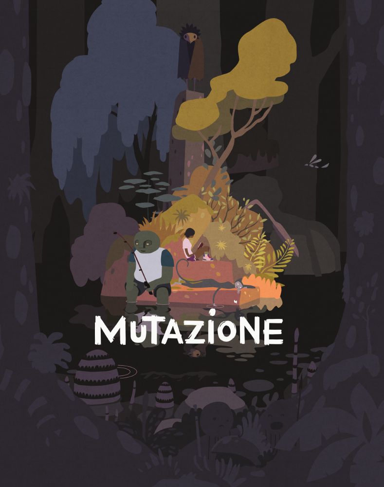 Mutazione Box Art, with three friends on a small swamp island, Kai reading, Tung fishing and Miu lying around tracing her hand in the water. But who's that eerie bird mand on the concrete collumn in the back?