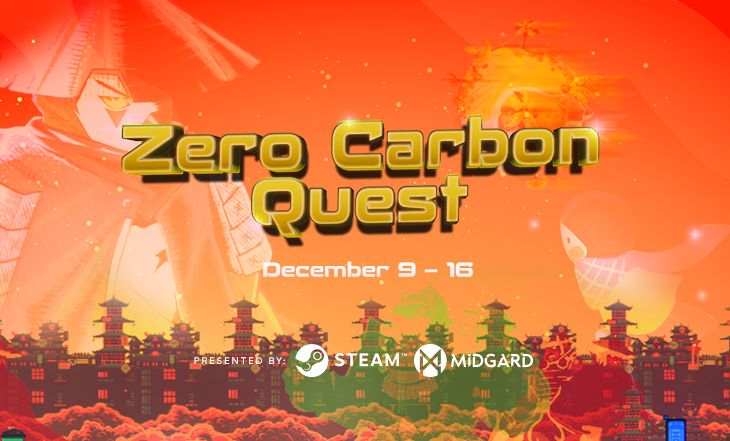 a promotional image, it reads “Zero Carbon Quest, December 9 - 16”, presented by Midgard and Steam.”