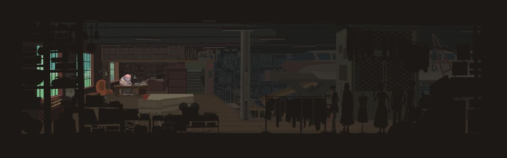 Finished Art of The Archive, a repurposed warehouse where things are stored. You can find almost everything here, it would take too long to describe. Yoke, one of the Characters of Mutazione, sit behind the a desk.