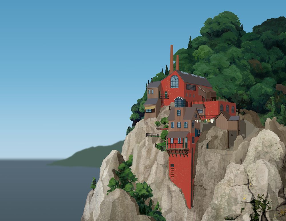 Die Gute Fabrik: Final Artwork of the factory situated on a cliffside, forest and seaview.