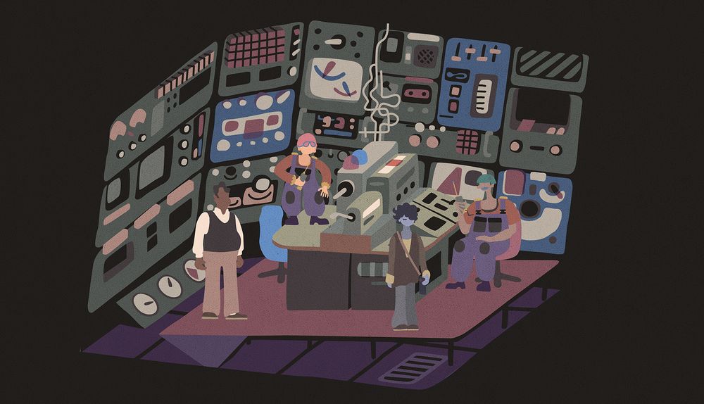 four Characters from Saltsea Chronicles in the radio room with a lot of different devices, that look like 70s technology. Characters are Murl, Iris and two "radders" from Sisao, an stranded, upside down cruise ship.