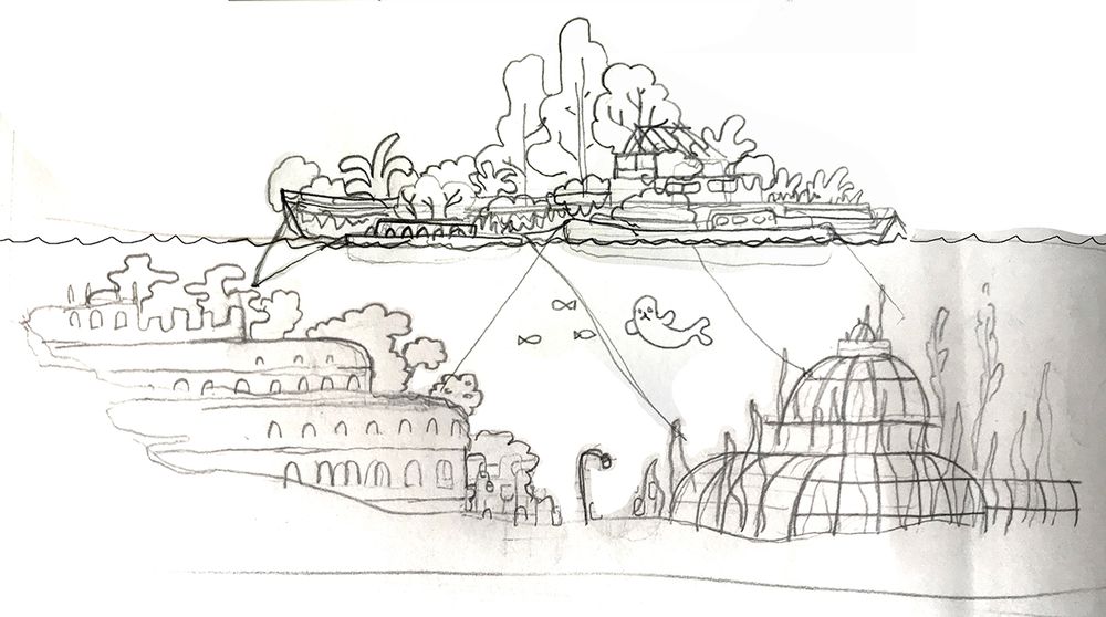 concept sketch of a location from the game Saltsea Chronicles: the Gardens – anchored boats with vegetation