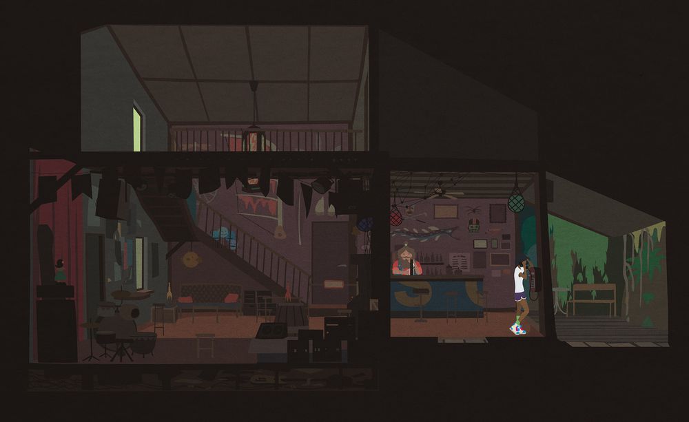 Finished Art of Spike's Bar of the game Mutazione, Spike is behing the Bar, Player Character Kai is making a phonecall, a group of Dots on the stairs.