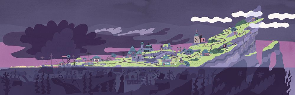 In-game art of a location from the game Saltsea Chronicles: Njarfie Roust – a rocky island with a huge populations of seabirds.