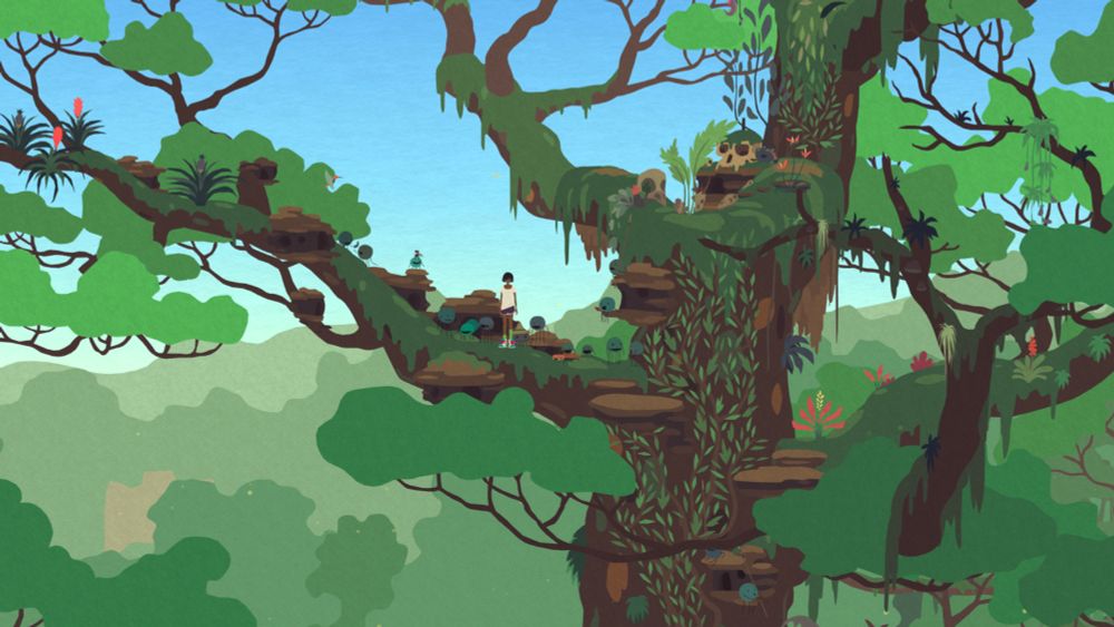 screenshot from the game. Kay our main character standing on a branch of the Papu tree in the middle of the Dot village  surrounded by Dots. 