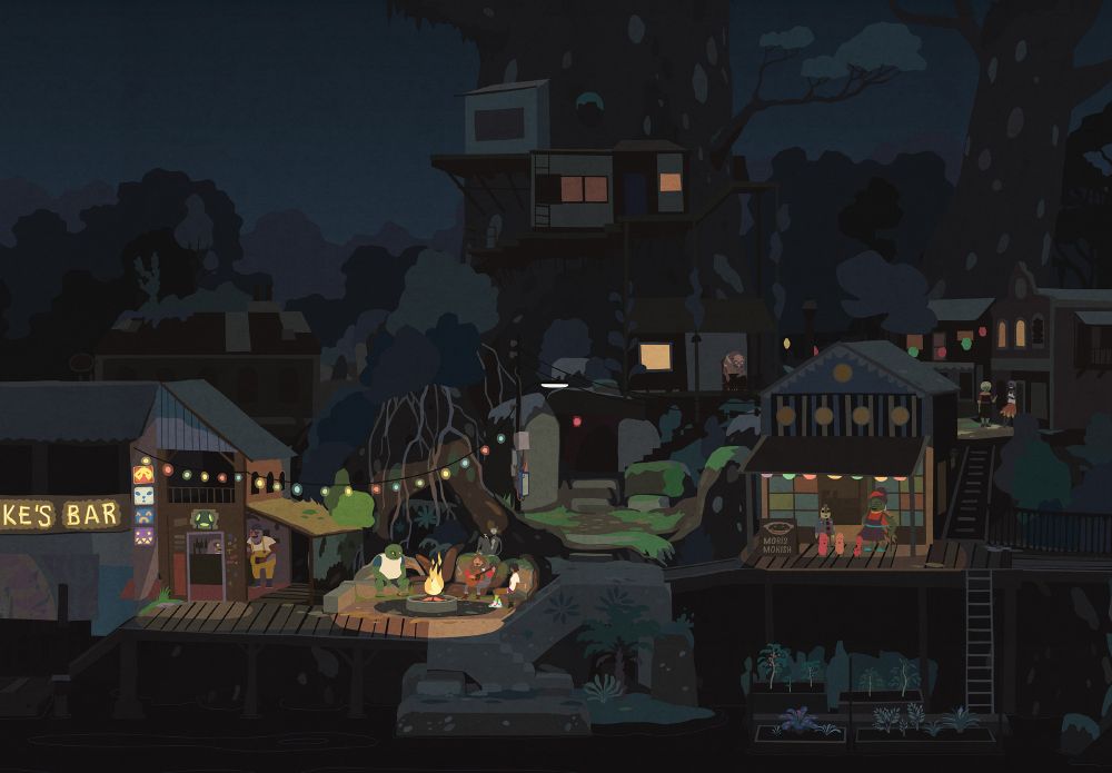 Final art of Mutazione village by night, populated with characters.