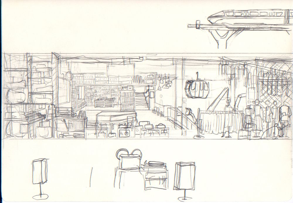 Sketch of The Archive, a repurposed warehouse where things are stored. You can find almost everything here, it would take too long to describe.