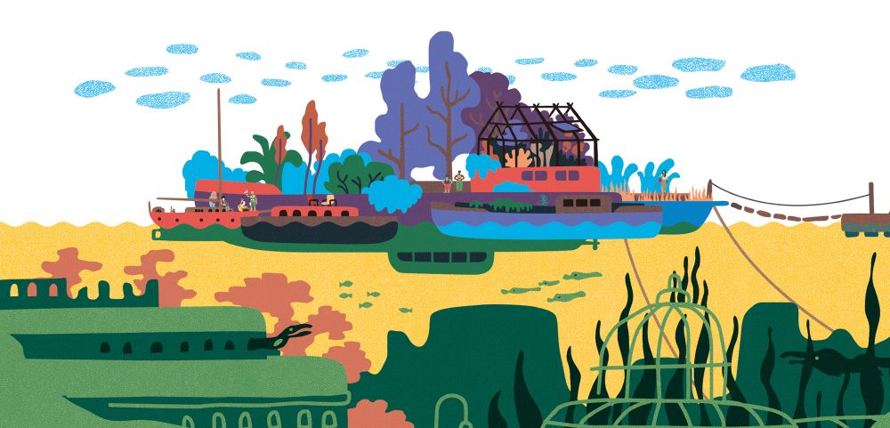 One of the location of Saltsea Chronicles. The Gardens: Floating barges filled with vegetation anchored on top of a submerged old city. 