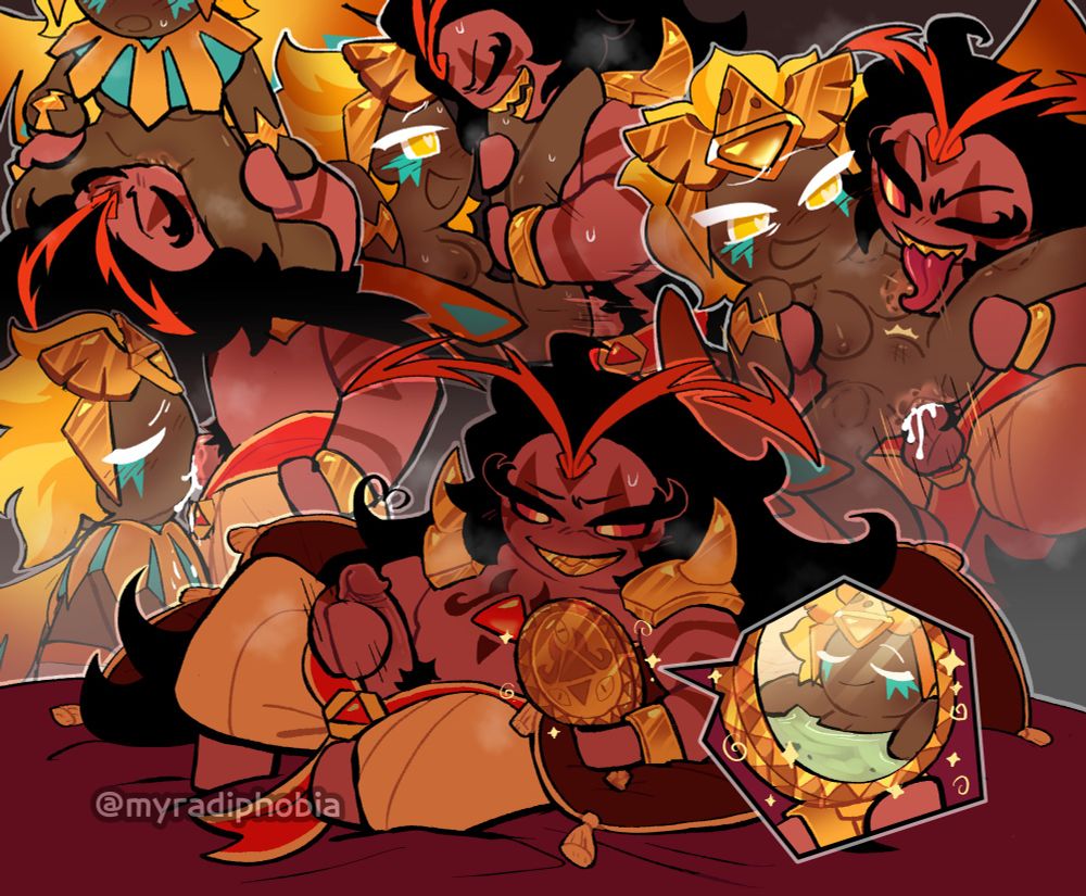 Burning Spice Cookie looking into a magic mirror while masturbating at the live image of Golden Cheese Cookie. The images in the background are situations he is fantasizing about doing with Golden Cheeze as he masturbates.
