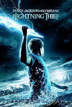 Murky blue sky. Boy emerging from sea holding a lightning spear. Flashes of light across sky.