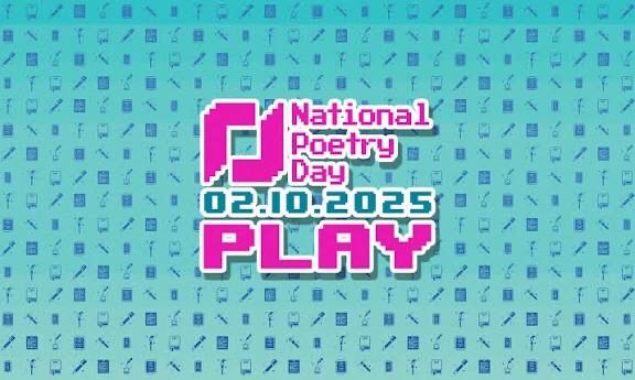 Turquoise & pink National Poetry Day logo.
